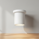 A modern cylindrical LED ceiling light fixture in matte white, shown against a solid white background with the light turned on.