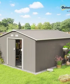 Outsunny 11′ x 13′ Outdoor Storage Shed, Garden Tool Metal Shed with Foundation Kit, Double Lockable Door, Air Vents and Slopings Roofs, for Backyard, Patio, Lawn, Light Grays - Image 2