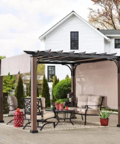 Sunjoy 11 x 11 ft Metal Pergola with Adjustable Tan Garden Shades - Image 4