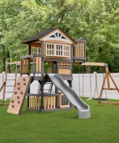 Backyard Discovery Rosewood Falls Wooden Swing Set with Clubhouse, Monkey Bars, Rock Wall & 8-Ft Wave Slide | 2400092COM